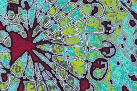 Abstract mixed media artwork in multicolored tones.