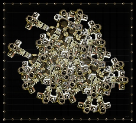Digital photomanipulationshowing a kind of mechanical heart made it with metal and screws on a black...