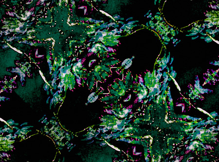 Digital technique dark fractal composition floral pattern background in dark colors.