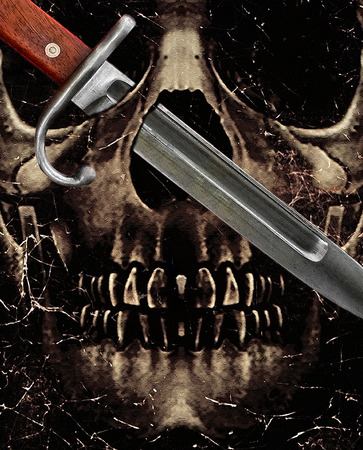 Dark photo collage violence concept artwork showing a dark skull with his left balleyes crossed by a kitchen knifeの写真素材