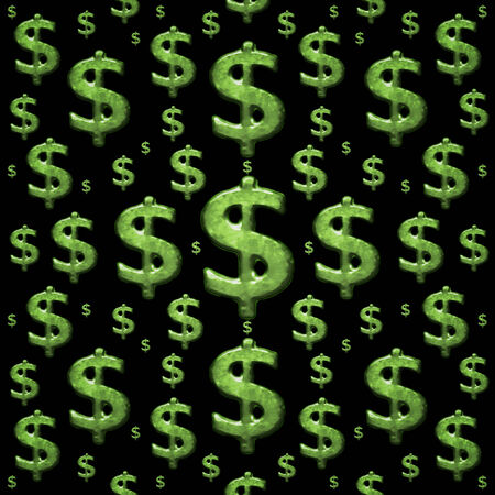 Dollar sign or money symbol pattern in grunge style in green tones against black background.の写真素材