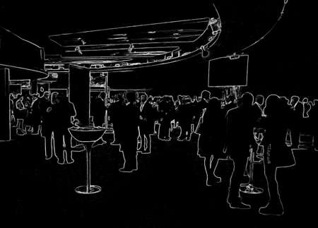 Digital illustration in black and white colors of an elegant party in a modern pub with people eating and drinking.の写真素材