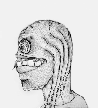 Pencil drawing artwork depicting an strange futuristic monster alien or man in black and white tones.の写真素材