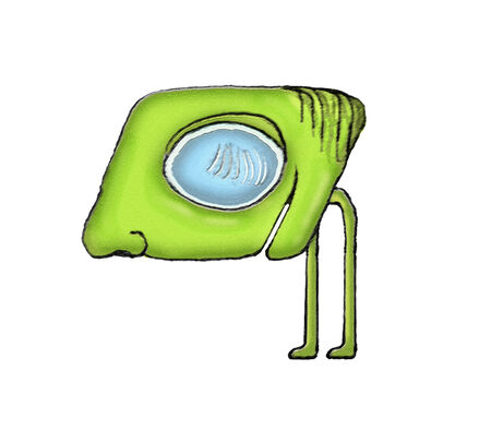 Funny alien monster character pencil drawing illustration in green and cyan tones ini white background.の写真素材