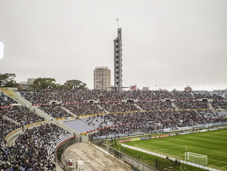 Montevideo centenary stadium in a match between Uruguay and Ecuador from the pre world soccer competition in 2009のeditorial素材