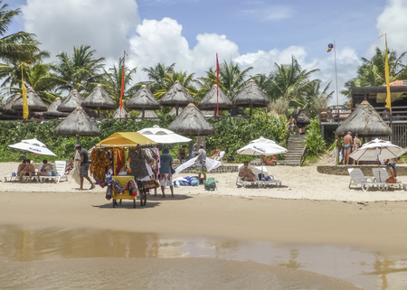 PORTO GALINHAS, BRAZIL - FEBRUARY 2014 - Crowded paradise beach in Porto Galinhas, a seaside resort in the north of Brazilのeditorial素材