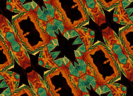 Digital art collage and photo manipulated decorative ornate pattern in multicolored warm tones and...