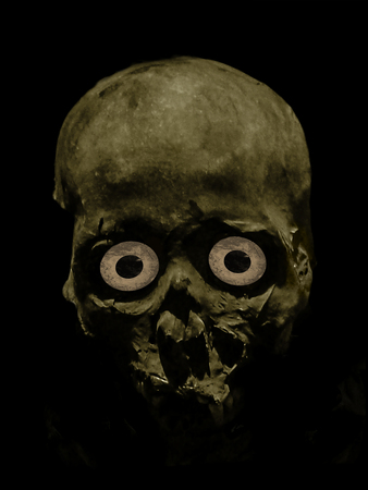 Funny dark photo collage concept artwork showing a dark skull with a scared and funny expression in brown tones.の写真素材