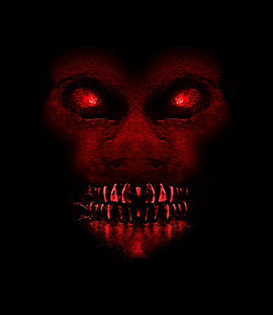 Digital raster illustration evil monster expression ape front view portrait in saturated red colors...