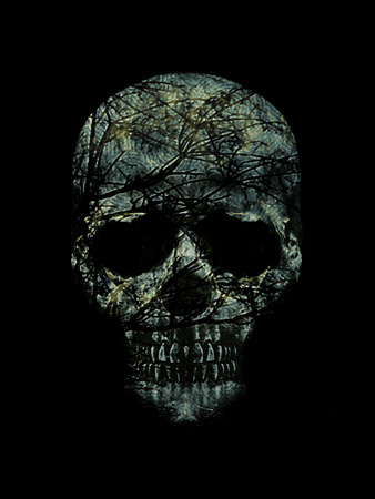 Blind skull textured art digital edited and manipulated photo collage technique in blue tones and black background.の写真素材