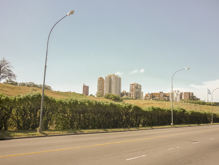 Empty avenue with trees and buildings at background in the city of Mar del Plata, the most famous watering place in the province of Buenos Aires in Argentina.の写真素材