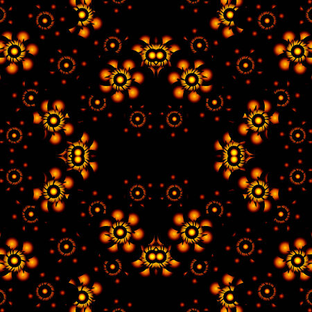 Colorful geometric modern floral motif pattern in vivid orange and yellow colors in black background.の写真素材