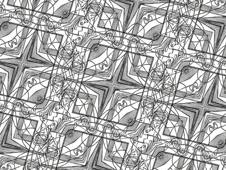 Pencil drawing and digital edition technique black and white tones tribal or ethnic art background pattern with geometric and abstract symbols motif in hard contrast.の写真素材