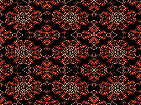 Digital art technique style abstract ornament decorative grunge pattern in vivid and saturated red tones and black background.の写真素材