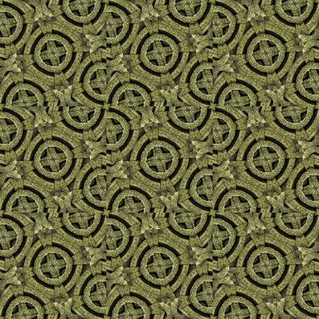 Photo collage and manipulation digital technique style futuristic or tech style abstract ornament pattern with geometric motif in pale brown tones and black colors.の写真素材