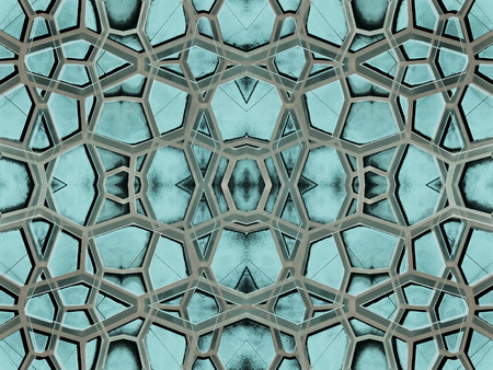 Futuristic style abstract arabesque geometric motif pattern digital collage technique in turquoise...