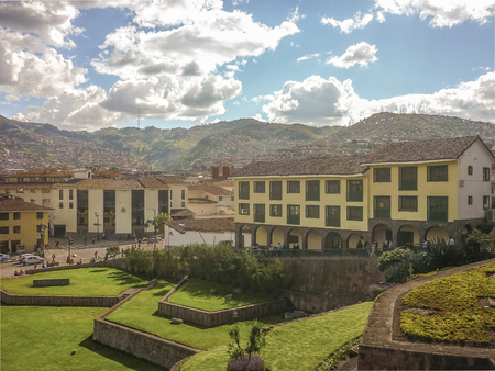 Aerial view of houses and mountains from catholic temple of Santo Domingo in the ancient city of Cusco in Peru.の写真素材