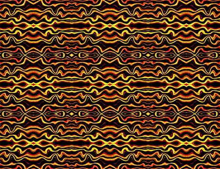 Digital collage technique tribal style decorative abstract texture seamless pattern in vibrant red and orange tones in black background.の写真素材