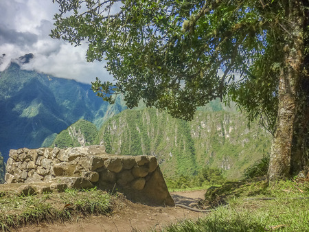 Spectacular landsacpe view of big mountain in the ancient inca city of Machu Picchu in Cuzco, Peru.の写真素材
