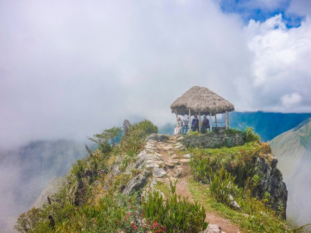 Spectacular aerial view landscape of the top of Machu Picchu mountain in the ancient inca city of Machu Picchu in Cuzco, Peru.の写真素材
