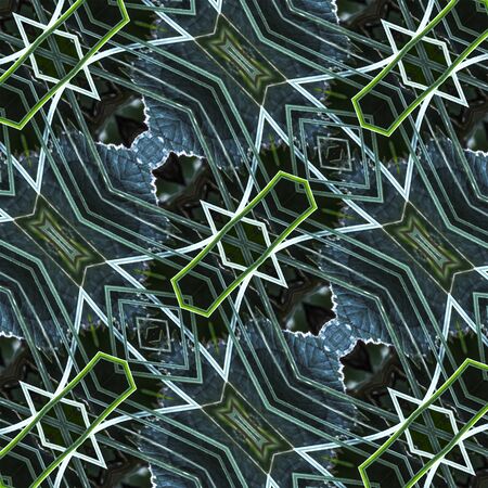 Digital style dark futuristic or tech style geometric abstract pattern background in blue and green colors.の写真素材