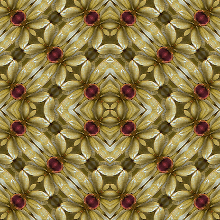 Digital style collage technique beautiful and unique artificial flowers motif seamless pattern background in warm colors.の写真素材