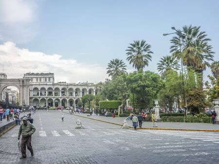 AREQUIPA, PERU, APRIL 2014 - Main cathedral of Arequipa located in the historic center in the Plaza Mayor or Plaza de Armas in Peru, South America.のeditorial素材