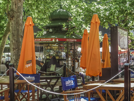 MONTEVIDEO, URUGUAY - NOVEMBER 2014 - Editorial photo of outdoor restaurant in the traditional plaza sarandi which is located in the historic center of Montevideo, Uruguay.のeditorial素材