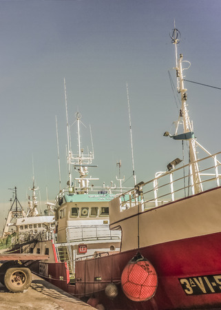 MONTEVIDEO, URUGUAY - NOVEMBER - 2014 - Side view of commercial ship anchored in the port of Montevideo the capital city of Uruguay.のeditorial素材