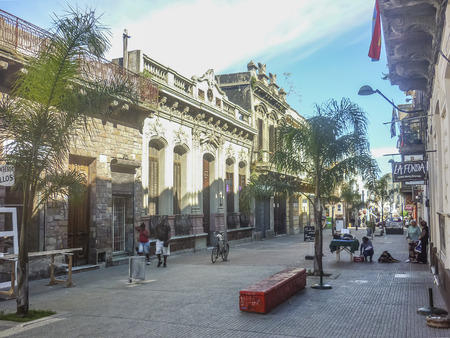 MONTEVIDEO, URUGUAY, NOVEMBER - 2014 -Traditional pedestrian zone and buildings of historic center in the city of Montevideo, the capital of Uruguay in South America.のeditorial素材