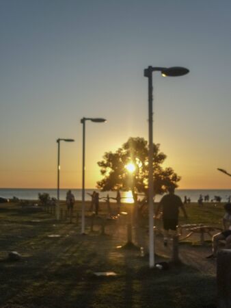 MONTEVIDEO, URUGUAY, DECEMBER - 2014 - People exercising outdoors at the coast in the city of Montevideo, the capital of Uruguay.のeditorial素材
