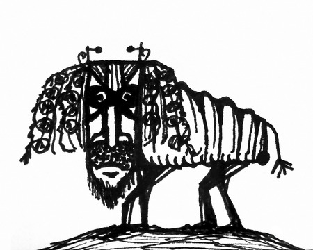 Raster illustration pencil drawing technique of fantasy centaur or strange alien or animal with funny expression in black and white tonesの写真素材