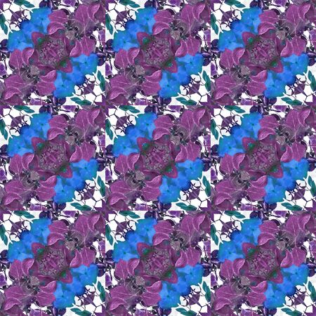 Abstract motif pattern artwork in blue and magenta tones against white background.の写真素材