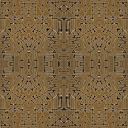 Mixed media technique abstract tribal geometric seamless pattern symbols motif in brown and black...