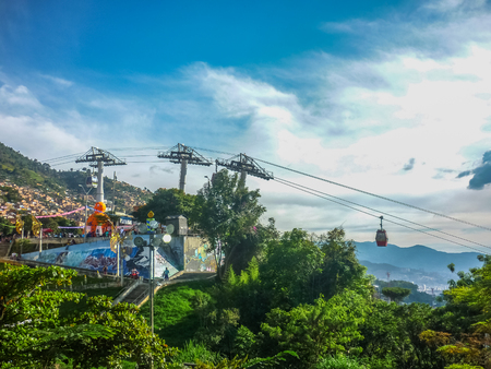 Beautiful aerial view of cableway station and mountains in Medellin,one of the most important cities of Colombia.のeditorial素材