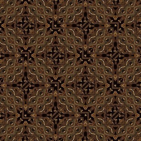 Digital collage technique steam punk or cyber punk style abstract geometric seamless pattern in brown and black tones.の写真素材