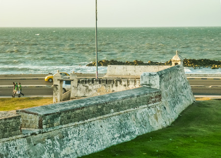 Colonial spanish fort and caribbean sea at the background in Cartagena, the most famous watering place of Colombia.のeditorial素材