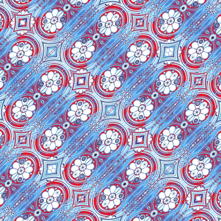 Digital art collage techinque modern abstract decorative modern geometric pattern floral design in vivid red, cyan and white tones.の写真素材