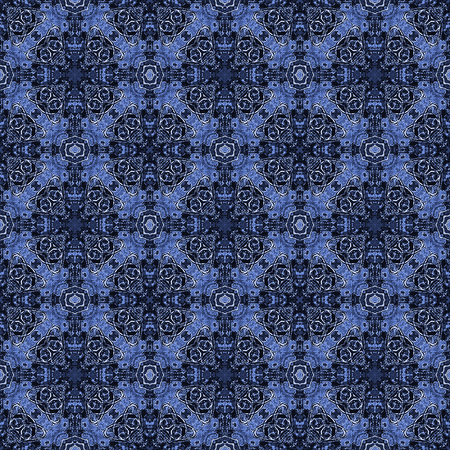 Digital art techinque modern baroque abstract decorative checked seamless pattern mosaic design in blue tones.の写真素材
