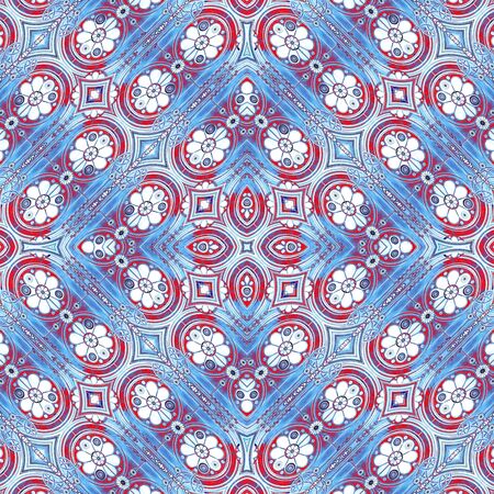 Digital art collage techinque modern abstract decorative modern geometric seamless pattern floral design in vivid red, cyan and white tones.の写真素材