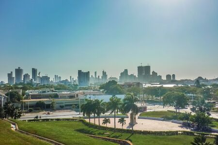 Aerial view from san felipe de barajas fortress of modern buildings at sunny day in Cartagena, the most famous watering place of Colombia.のeditorial素材
