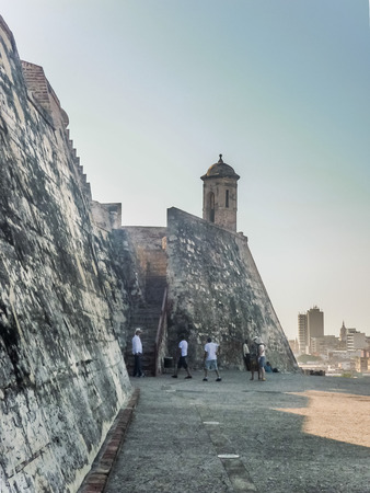 Guide with tourist at San felipe de Barajas Fortress, an spanish colonial style defense building located in Cartagena,  Colombiaのeditorial素材