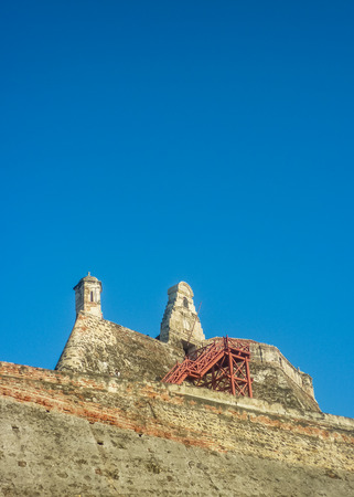 Low angle view of tower in San Felipe de Barajas Fortress, an spanish colonial style defense building located in Cartagena,  Colombiaのeditorial素材