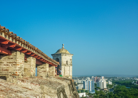 CARTAGENA, COLOMBIA, JANUARY - 2015 - Nice aerial view of architecture and nature of Cartagena from San Felipe de Barajas Fortress, an spanish colonial style defense building.のeditorial素材