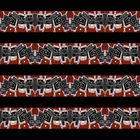 Digital style abstract striped geometric tribal seamless pattern in red, white and black background.の写真素材