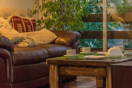 MONTEVIDEO, URUGUAY, MAY - 2015 - Interior view of modern and nice decorated living room at tea time.のeditorial素材