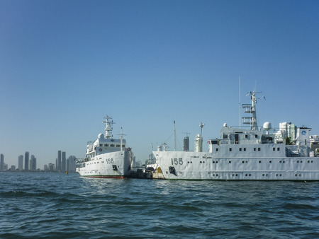 CARTAGENA, COLOMBIA, JANUARY - 2015 - Guard ships at the caribbean sea in Cartagena, the most famous seaside resort of Colombia.のeditorial素材
