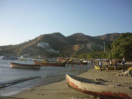 TAGANGA, COLOMBIA, JANUARY - 2015 - Fishing boats at caribbean bay called Taganga, one of the most important watering places in Colombiaのeditorial素材
