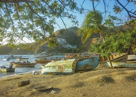 TAGANGA, COLOMBIA, JANUARY - 2015 - Fishing boats at caribbean bay called Taganga, one of the most important watering places in Colombiaのeditorial素材