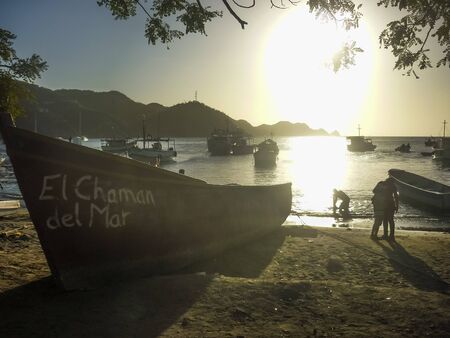 TAGANGA, COLOMBIA, JANUARY - 2015 - Fishing boats at caribbean bay called Taganga, one of the most important watering places in Colombiaのeditorial素材